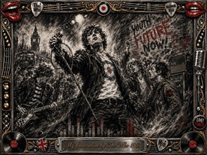 A defiant young rock singer commands a turbulent 1960s London street scene, surrounded by musicians, cheering figures, amplifiers, and smoky urban textures. Deep feathered charcoal creates gritty movement and dramatic contrast, punctuated by crimson accents and metallic gold. An ornate music-themed frame surrounds the composition, crowned by an engraved title plate.