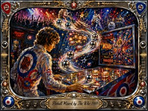 A focused young pinball player commands a glowing vintage machine amid a psychedelic 1960s rock-club spectacle. Chrome balls sweep upward in a luminous S-curve through musicians, cheering crowds, and explosive color. Saturated reds, blues, golds, and silvers shimmer beneath theatrical lighting, framed by ornate chrome, guitar, amplifier, and marquee details.