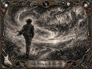A lone young traveler crosses a windswept wasteland beneath swirling storm clouds, while a ghostly rock concert rises within the sky. Deep charcoal textures, smoky grays, sharp highlights, and sweeping motion create a restless, rebellious mood. An ornate chrome-and-gold musical frame surrounds the scene, accented with guitars, records, cables, lights, and red lips.