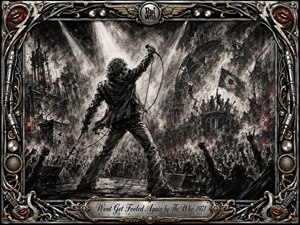 A defiant rock singer stands before a surging crowd beneath blazing spotlights, framed by ruined architecture, smoke, and revolutionary imagery. Deep charcoal textures and feathered strokes create a gritty monochrome atmosphere, punctuated by muted red accents. An ornate chrome-and-gold musical frame surrounds the scene, with an engraved title plate below.