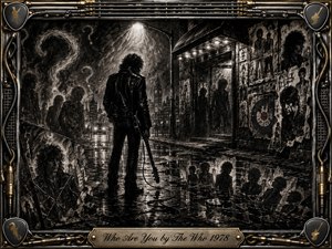 A lone leather-clad guitarist stands beneath a harsh streetlight on a rain-soaked city street, surrounded by fractured reflections, ghostly figures, torn posters, and smoky question marks. Deep feathered charcoal creates a gritty, mysterious mood, while dramatic highlights sharpen the darkness. An ornate chrome-and-gold musical frame completes the introspective rock composition.
