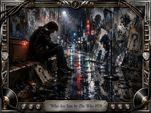 A solitary musician sits hunched beside a glowing amplifier on a rain-soaked city street, surrounded by microphones, cables, shattered reflections, and ghostly portraits. Moody blues, charcoal blacks, crimson neon, and warm amber highlights create a brooding atmosphere. Thick, expressive oil textures and a chrome-gold rock-themed frame reinforce themes of identity, isolation, and self-questioning.