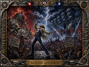 A defiant rock singer commands a storm-lit stage before a surging protest crowd, framed by collapsing monuments and looming identical authority figures. Fiery reds clash with cold steel blues beneath jagged lightning and smoky spotlights. Expressive acrylic textures, raised hands, banners, cables, speakers, and ornate chrome-gold framing intensify the rebellious, cyclical mood.