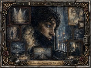 A solitary young man with a piercing blue eye gazes through a rain-streaked window, surrounded by faded framed memories of empty stages, distant figures, storms, and moonlit water. Deep blues, charcoal, sepia, and muted gold create a melancholic glow, while textured mixed-media painting and ornate musical details reinforce the nostalgic, introspective mood.