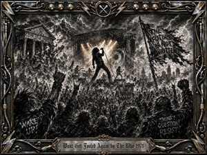A storm-charged rock concert erupts amid collapsing symbols of the old order, with a defiant singer silhouetted above a surging crowd. Deep charcoal textures, smoky blacks, metallic gold accents, lightning, torn banners, and harsh stage light create a rebellious, skeptical mood, framed by ornate amplifier hardware and engraved rock imagery.