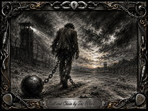 A lone chained figure trudges through a bleak prison landscape beneath turbulent storm clouds, dragging a heavy iron ball toward a distant glowing horizon. Deep charcoal textures, smoky grays, and muted metallic highlights create a somber, defiant mood. Watchtowers, barbed fences, flying birds, and an ornate chain-and-gold frame intensify the dramatic symbolism.