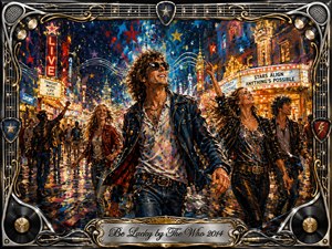 A jubilant rock-and-roll night unfolds beneath glowing marquees, where stylish revelers stride through a rain-slicked city alive with neon color, confetti, and music. Energetic oil-paint textures blend deep blues, fiery reds, and golds. An ornate chrome-and-gold musical frame surrounds the scene, crowned by the engraved title plate.