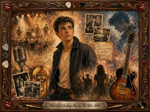 A handsome young man stands within a nostalgic rock-and-roll memory collage, surrounded by vintage photographs, a glowing jukebox, microphone, guitar, concert crowds, and handwritten notes. Warm amber, sepia, blue, and rose tones mingle under soft golden light, while painterly textures and an ornate musical frame create a tender, wistful atmosphere.
