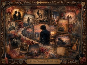 A solitary man sits amid layered rosewood-framed memories of romance, concerts, travel, and fading companionship. Warm amber, rust, crimson, and smoky blue tones create a wistful, intimate mood. Painterly oil, acrylic, and watercolor textures blend soft lamplight with shadow, while roses, records, guitars, cables, and ornate gold details enrich the nostalgic collage.