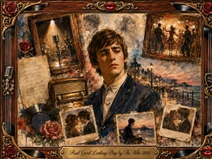 A reflective young man anchors a nostalgic collage of seaside memories, dancing couples, vintage photographs, a glowing microphone, radio, roses, and vinyl records. Warm amber, sepia, dusty rose, and muted blue tones blend through textured oil-and-watercolor brushwork. Ornate rosewood, gold, and musical details frame the tender, wistful scene.