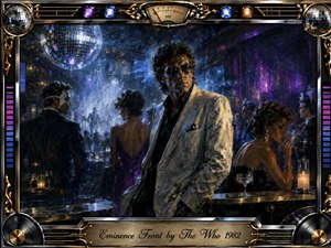 A cool, enigmatic figure in sunglasses and a pale suit dominates a glamorous nightclub filled with elegantly dressed patrons, mirrored disco balls, drinks, and smoky reflections. Deep blues, violet highlights, and warm gold accents create a seductive, guarded mood. Painterly textures, dramatic lighting, chrome details, records, and ornate instrumentation frame the sophisticated scene.