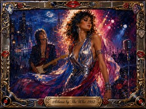 A glamorous, goddess-like woman commands a vibrant nighttime rock scene, framed by an admiring guitarist, glowing city lights, stage haze, and a vintage microphone. Rich blues, crimson, magenta, silver, and amber create romantic intensity. Expressive oil-like brushwork, swirling fabric, chrome details, roses, records, and musical ornaments complete the dramatic composition.