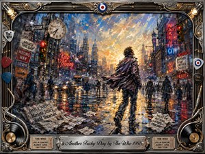 A lone figure strides through a rain-slicked city at dawn, surrounded by traffic, pedestrians, neon signs, scattered newspapers, and urban confusion. Expressive oil-paint textures blend stormy blues, steel grays, amber light, and vivid reds. An ornate chrome-and-gold musical frame, records, strings, picks, and engraved title plate complete the restless, resilient mood.