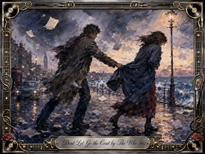 A windblown couple struggles along a stormy seaside promenade, the man gripping the womans coat as papers whirl around them. Moody blues, silvers, and warm amber lights create a bittersweet atmosphere. Expressive oil-like brushwork, rain-slick reflections, distant city architecture, crashing waves, and an ornate music-themed metallic frame heighten the emotional drama.