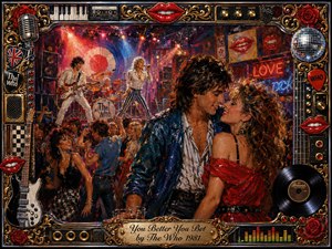 A vibrant 1980s rock-club romance unfolds beneath fiery red and blue stage lights, with an embracing couple dominating the foreground and a live band energizing the crowded dance floor behind them. Rich oil-painted textures, glowing neon, guitars, records, roses, chrome, gold ornamentation, and red lips create a theatrical, seductive atmosphere.