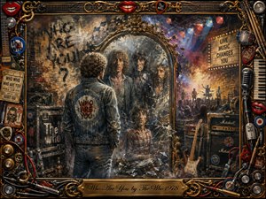 A richly textured 1970s rock collage shows a denim-clad man confronting a cracked ornate mirror filled with ghostly band reflections. Warm gold, rust, black, and electric stage colors create a restless, searching mood. Guitars, amplifiers, microphones, tickets, lights, graffiti, and memorabilia crowd the decorative frame around the dramatic oil-painted scene.