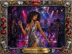 A glamorous dancer commands a vibrant 1970s disco floor beneath a sparkling mirror ball, surrounded by shadowy musicians and dancers. Rich magenta, violet, blue, and gold lighting creates an electric nightlife mood. Thick impressionistic brushwork enhances movement, while an ornate chrome-and-gold musical frame, red lips, picks, microphones, and engraved title plate complete the scene.