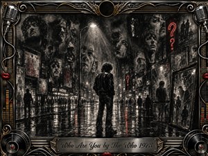 A lone figure stands on a rain-slicked city street beneath a harsh spotlight, surrounded by ghostly faces, shattered reflections, and glowing red question marks. Deep charcoal blacks, silver grays, and crimson accents create a tense, searching mood, framed by ornate chrome, gold inlay, microphones, records, strings, and vivid red lips.