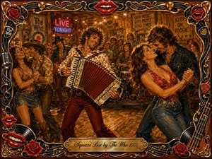 A lively 1970s roadhouse bursts with dancing couples and a joyful accordion player at center stage. Warm amber lighting, rustic wood, neon signs, and cheering patrons create a playful, flirtatious mood. Rich oil-painted textures blend reds, browns, golds, and denim blues, framed by ornate musical details, roses, records, and glossy red lips.