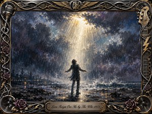A lone figure stands on a rain-lashed shoreline, arms open beneath a radiant shaft of golden light breaking through turbulent blue-black clouds. Waves, mist, and distant city lights deepen the dramatic, cathartic mood. Rich oil-paint textures, silver reflections, violet shadows, and an ornate chrome-and-gold musical frame create a powerful sense of surrender and renewal.