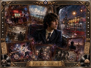 A sharply dressed young man gazes from a rain-streaked train window as nighttime London blurs past in glowing reds, golds, and deep blues. Surrounding vintage frames hold concert scenes, city memories, motorcycles, and band imagery, creating a restless nostalgic collage. Ornate guitar-string, vinyl, and gold details frame the dramatic painterly composition.