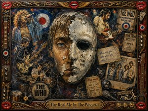 A fractured face dominates a dramatic 1970s rock collage, surrounded by The Who performing amid guitars, drums, tickets, posters, and backstage memorabilia. Deep blues, rust, gold, and red glow under smoky stage lighting. Thick painterly textures, cracked surfaces, and an ornate music-themed frame create an intense, introspective mood.