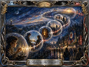 A sweeping nighttime cityscape traces communication through glowing signal bubbles curving toward a distant concert crowd. Deep blues, amber lights, and electric red-white pulses create restless energy and connection. Painterly textures blend realism with impressionism, framed by ornate chrome, gold inlay, records, guitar hardware, cables, speakers, and a vintage VU meter.