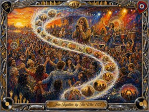 A vibrant painted concert scene shows a joyful crowd joining hands beneath glowing stage lights as musicians perform at center. Warm oranges, deep blues, and gold highlights create an uplifting communal mood. A luminous S-shaped ribbon of memory bubbles sweeps through the composition, surrounded by an ornate chrome-and-music-themed frame and engraved title plate.