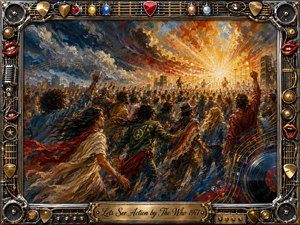 A surging concert crowd moves toward a blazing golden stage beneath turbulent blue and amber skies. Expressive oil-painted textures create urgency, freedom, and communal energy. Flowing figures, raised fists, musical lines, speakers, and vinyl motifs fill the scene, while an intricate chrome-and-gold instrument frame and engraved title plate complete the composition.
