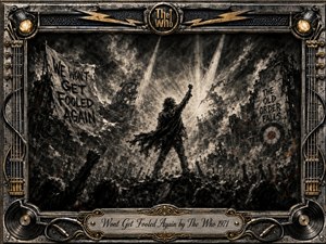 A defiant figure raises a fist above a turbulent crowd amid shattered ruins, smoke, and torn banners, capturing rebellion and hard-earned awakening. Deep charcoal textures, smoky grays, metallic silver, muted gold, and faint ember accents create a dramatic mood. Harsh radiant beams pierce the chaos, framed by ornate rock-inspired industrial details.