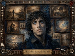 A solitary blue-eyed man gazes upward amid a shadowy collage of fading memories, framed portraits, lonely roads, distant lovers, and storm-lit skies. Deep blues, sepia browns, and muted gold create a reflective, melancholy mood. Painterly textures, dramatic lighting, and an ornate music-themed frame reinforce themes of isolation, regret, and hidden emotion.
