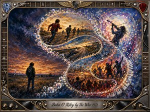 A lone youth stands beneath a stormy sunset as glowing bubbles sweep in an S-curve through scenes of running teenagers, open highways, festival crowds, and a radiant violinist. Deep indigo, amber, crimson, and gold create nostalgic energy, while painterly splashes, musical symbols, and an ornate chrome-and-gold rock frame amplify the dramatic atmosphere.