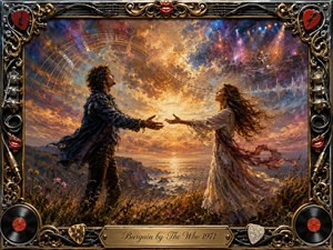 A romantic couple reaches toward each other on a windswept coastal cliff beneath a glowing sunset. Rich gold, blue, violet, and amber tones create a passionate, reflective mood. Expressive oil-painted textures merge music, sky, and distant stage lights, while an ornate chrome-and-gold rock-themed frame surrounds the dramatic composition.