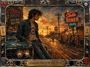 A restless young man leans against a vintage car outside a glowing roadside diner at sunset, capturing youthful frustration and rebellious energy. Fiery orange skies, neon reds, deep blues, and chrome highlights create a dramatic summer atmosphere. Thick expressive brushwork, roadside details, musical motifs, and an ornate metallic frame complete the nostalgic rock-and-roll scene.
