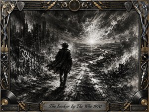 A lone figure strides through a storm-darkened industrial wasteland toward a brilliant distant light, symbolizing restless searching and determination. Deep charcoal textures, smoky grays, sharp white highlights, and sweeping shadows create dramatic movement. An ornate chrome-and-gold music-themed frame surrounds the scene, with records, strings, lightning motifs, and an engraved title plate.
