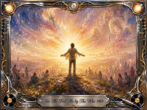 A lone figure stands with arms outstretched before a radiant golden horizon, surrounded by a dreamlike crowd and ghostly musician portraits dissolving into swirling lavender skies. Warm amber light creates a spiritual, transcendent mood. Painterly textures, wildflowers, chrome-and-gold musical ornamentation, records, cables, and spotlights frame the luminous scene.