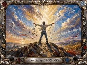 A lone figure stands atop a rugged peak with arms outstretched as broken chains fall away beneath a radiant golden sky. Soaring birds, sweeping light, and subtle sound waves evoke freedom and release. Rich blues, whites, reds, and golds glow through textured oil brushwork, framed by ornate musical chrome and gold details.