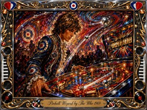 A magnetic young pinball master dominates a dazzling arcade tableau, leaning over a glowing machine amid swirling chrome balls, stage lights, and shadowy spectators. Rich reds, blues, golds, and blacks pulse through energetic painterly textures. An ornate musical frame, bright reflections, and vintage details create theatrical excitement, motion, and rock-and-roll mystique.