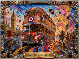 A vividly painted psychedelic double-decker bus surges through a dreamlike London streetscape, surrounded by dancing crowds, floating records, guitar picks, musical notes, and swirling sound waves. Brilliant reds, blues, golds, and oranges glow beneath energetic lighting, while thick acrylic textures and an ornate chrome-and-gold music-themed frame create exuberant 1960s rock atmosphere.