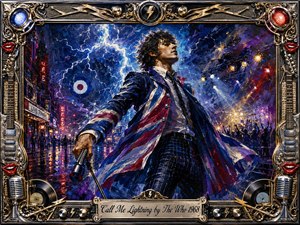 A dynamic rock singer strides through a rain-slicked nighttime street beneath branching lightning, gripping a microphone as a glowing concert erupts behind him. Electric blues, reds, golds, and violet reflections create restless energy. Thick impressionistic brushwork, dramatic stage lighting, and an ornate guitar-and-chrome frame amplify the rebellious 1960s atmosphere.
