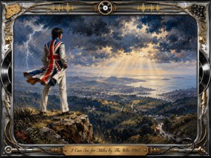 A lone 1960s mod figure in a windblown Union Jack coat overlooks a vast coastal valley beneath turbulent blue-gray storm clouds. Golden sunlight breaks through toward the distant sea, creating dramatic depth and restless energy. Rich oil-painted textures, lightning, winding roads, and a chrome-and-gold musical frame complete the powerful panoramic scene.