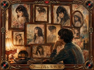 A young man sits pensively in a warmly lit vintage room, surrounded by rosewood-framed portraits of an enigmatic woman. Sepia, amber, cream, and muted blue tones create a wistful mood. Painterly textures blend oil, acrylic, and watercolor effects, while records, a turntable, ornate gold trim, and red lips enrich the nostalgic composition.