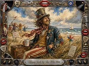 A cheerful eccentric rests among windswept seaside dunes while laughing children race behind him beneath a bright, cloud-swept sky. Warm sandy golds, weathered blues, reds, and creams create a playful vintage mood. Painterly textures, lively movement, a distant sailboat, and an ornate chrome-and-gold musical frame complete the whimsical scene.