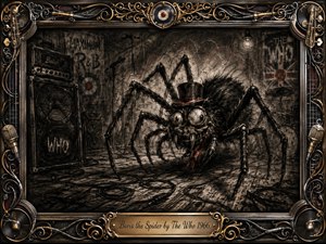 A grotesque, wide-eyed spider in a tiny top hat dominates a shadowy vintage rehearsal room, surrounded by battered amplifiers, microphones, cables, and faded Who posters. Deep charcoal textures, blackened browns, tarnished gold, and dim amber lighting create a sinisterly playful mood, enclosed by an ornate music-themed metallic frame.