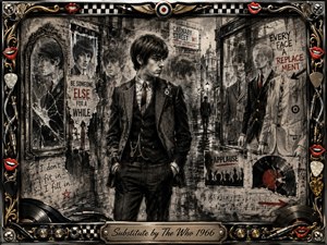 A sharply dressed 1960s mod stands in a rain-darkened London alley, surrounded by cracked mirrors, mannequins, torn posters, and ghostly doubles suggesting fractured identity. Deep charcoal textures dominate, accented by muted red, chrome, and gold. An ornate music-themed frame of records, picks, cables, lips, and amplifier details completes the rebellious collage.