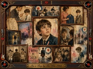 A nostalgic 1960s collage centers on a thoughtful young boy surrounded by framed scenes of family pressure, loneliness, mirrors, Mod culture, and The Who performing. Warm sepia, muted blues, reds, and cream tones blend through textured painterly surfaces. Rosewood, gold inlay, records, guitars, strings, and red lips form an ornate musical border.