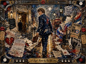 A sharply dressed young man strides through rain-soaked 1960s London, leaving a registry office behind amid scattered legal papers and music memorabilia. Moody blues, reds, golds, and black dominate the richly textured painterly scene. Glowing streetlights, Big Ben, guitars, records, microphones, and ornate framing create rebellious, bittersweet theatrical energy.