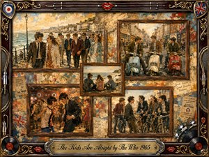 A nostalgic 1960s memory collage shows carefree young people strolling seaside promenades, riding scooters, dancing, and gathering with bicycles. Warm gold, faded blue, cream, and red tones glow beneath soft afternoon light. Painterly oil, acrylic, and watercolor textures blend with vintage posters, rosewood frames, chrome details, records, and musical ornamentation.
