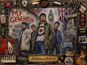 A gritty 1960s British rock tableau places The Who amid Carnaby Street, framed by graffiti, Union Jack imagery, Big Ben, scooters, guitars, records, drums, and concert memorabilia. Bold reds, blues, golds, and smoky grays glow under dramatic vintage lighting, while thick painterly textures and ornate metallic framing create rebellious, youthful energy.