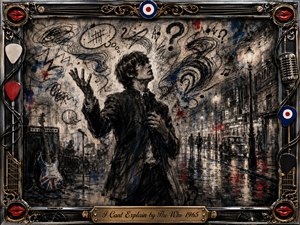 A restless young man stands on a rain-slicked city street, reaching upward amid swirling charcoal marks, question symbols, and smoky sound waves that mirror emotional confusion. Deep blacks, grays, muted blues, and sharp red accents glow beneath streetlights. An ornate chrome-and-gold music-themed frame surrounds the expressive mixed-media scene.